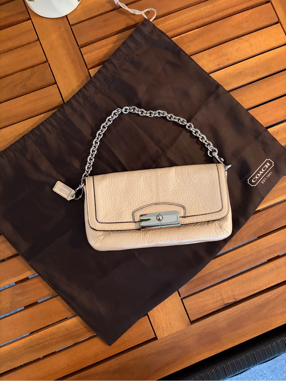 Coach Kristen Pebbled Leather Clutch in metallic champagne with Silver Hardware